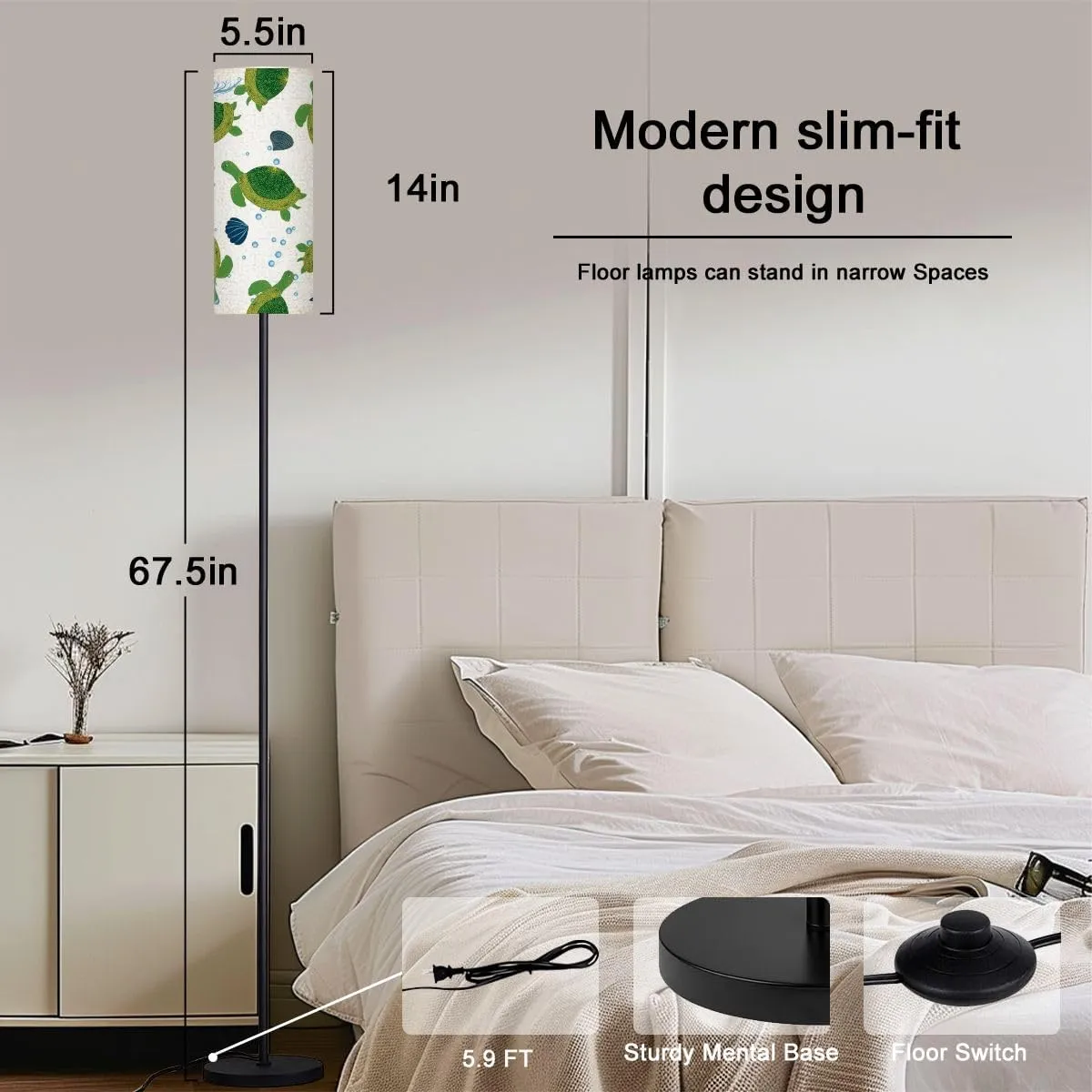 Turtle green seamless pattern beautiful character among seashells Modern Floor Lamp Minimalist Standing Lamps for Living Room LED Corner Lamp Remote Control Metal Pole Lamp for Bedroom, Reading