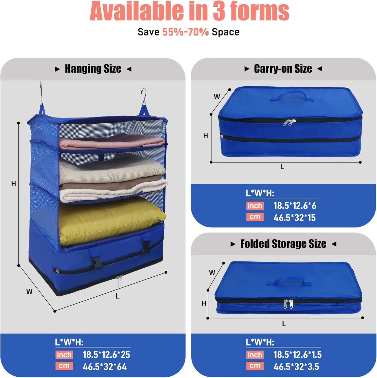 Twira Portable Hanging Travel Shelves, Suitcase Organizer, Packing Cubes for Travel, Carry-On Closet Insert, X-Large Capacity Travel Bags Collapsible 4-Shelf Travel Closet with 2 Hooks (Blue)