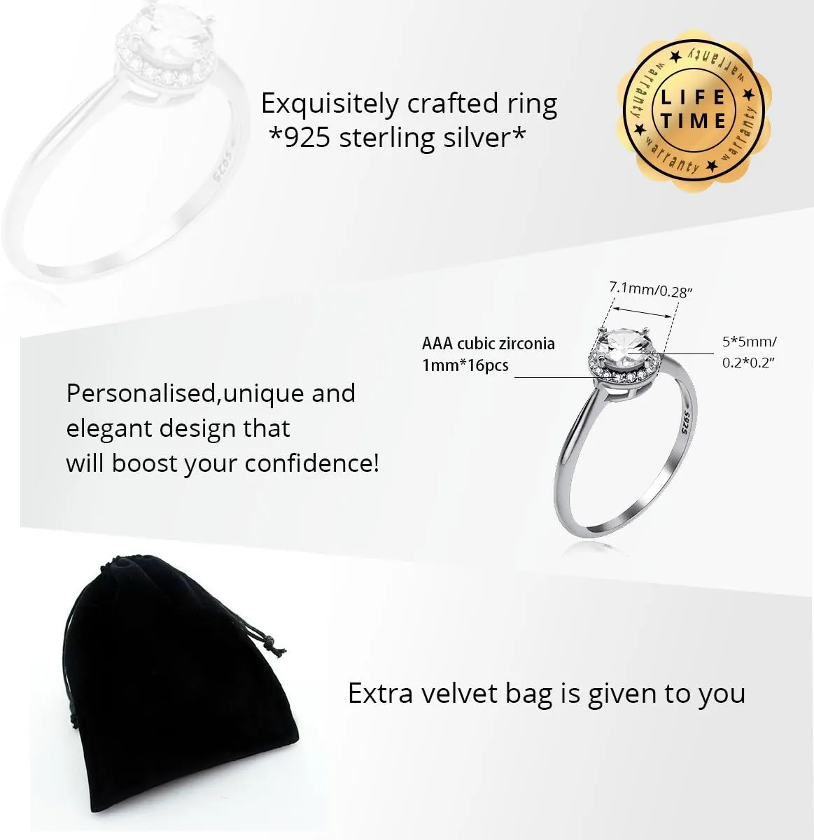 Uloveido Dainty 925 Sterling Silver Solitaire Rings 1.54g Diamond Cut White Cubic Zirconia Rectangle Hollow Engagement Promise Wedding Ring for Women (Size 5 6 7 8 9) LJ045