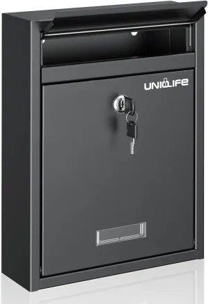 Uniclife Wall Mount Mailbox - Locking Large Mailbox with Key Lock, Safe Key Drop Box, Steel Cash Drop Box for Home Office School, Black
