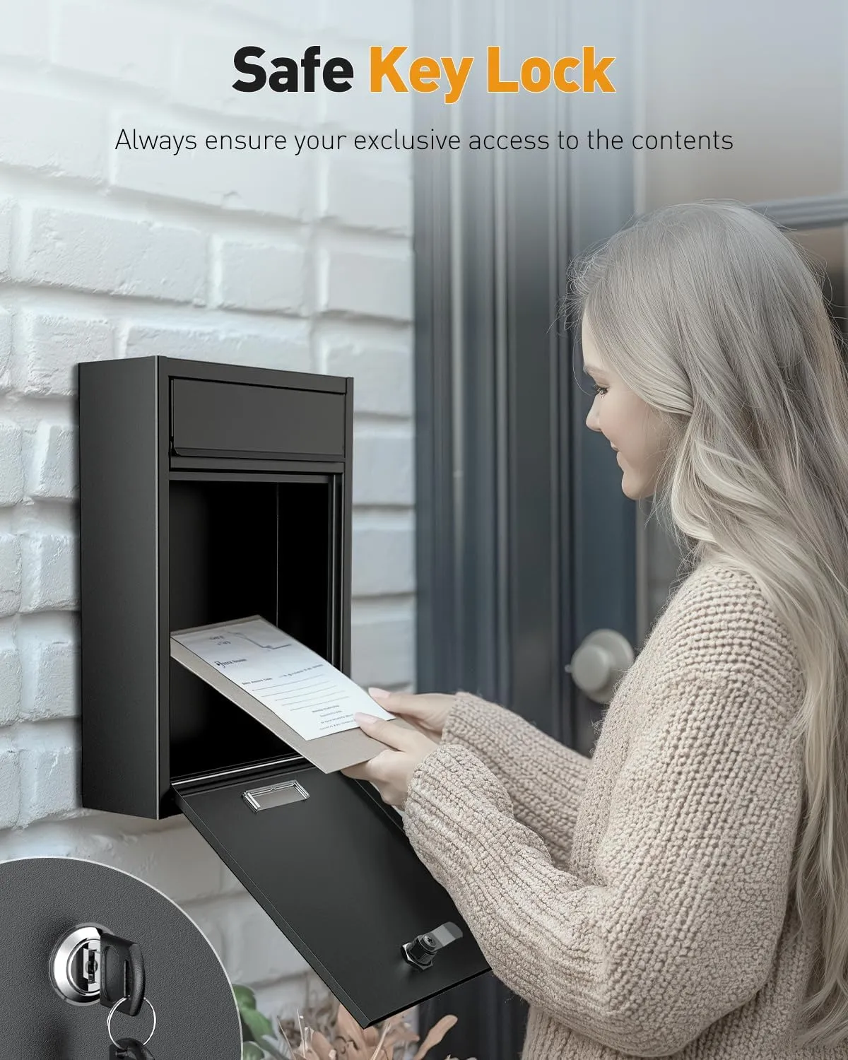 Uniclife Wall Mount Mailbox - Locking Large Mailbox with Key Lock, Safe Key Drop Box, Steel Cash Drop Box for Home Office School, Black