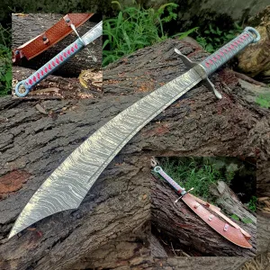 UNIQUE BLADES' Scimitar Sword, Historical German-War Replace' DAMASCUS STEEL 76.2CM Long Sharpe Blade, Genuine Leather Protector Sheath 'Multi Functional, Mans Gift' Collector's Battle Ready Cosplay