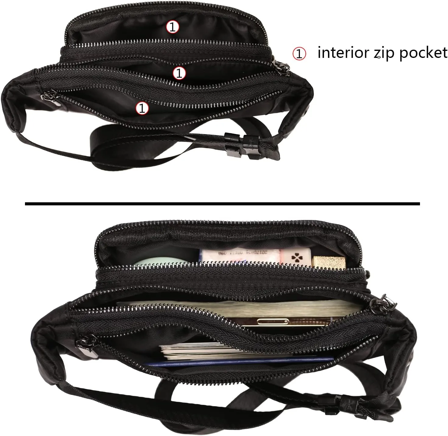 Uromee Fanny Packs for Women Crossbody Belt Bag Quilted Nylon Lightweight Slim Fashion Mini Waist Bag Travel Hiking Running Adjustable Strap 0234 Black