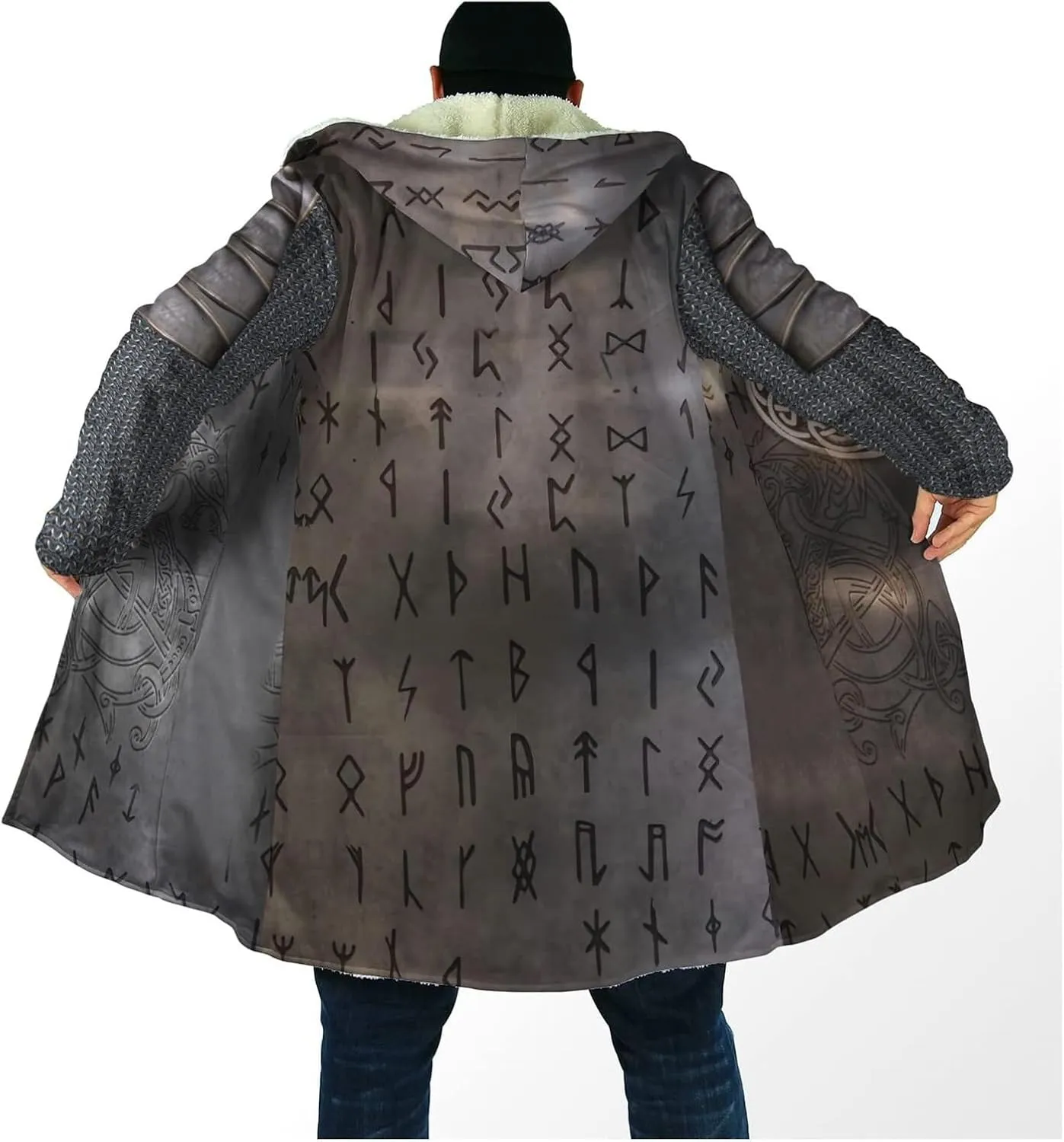 Valhalla Mens Jackets Winter,3D Print Viking Mythology Tattoo, Thickened Warm Faux Cashmere Coat, Parka Hooded Cloak