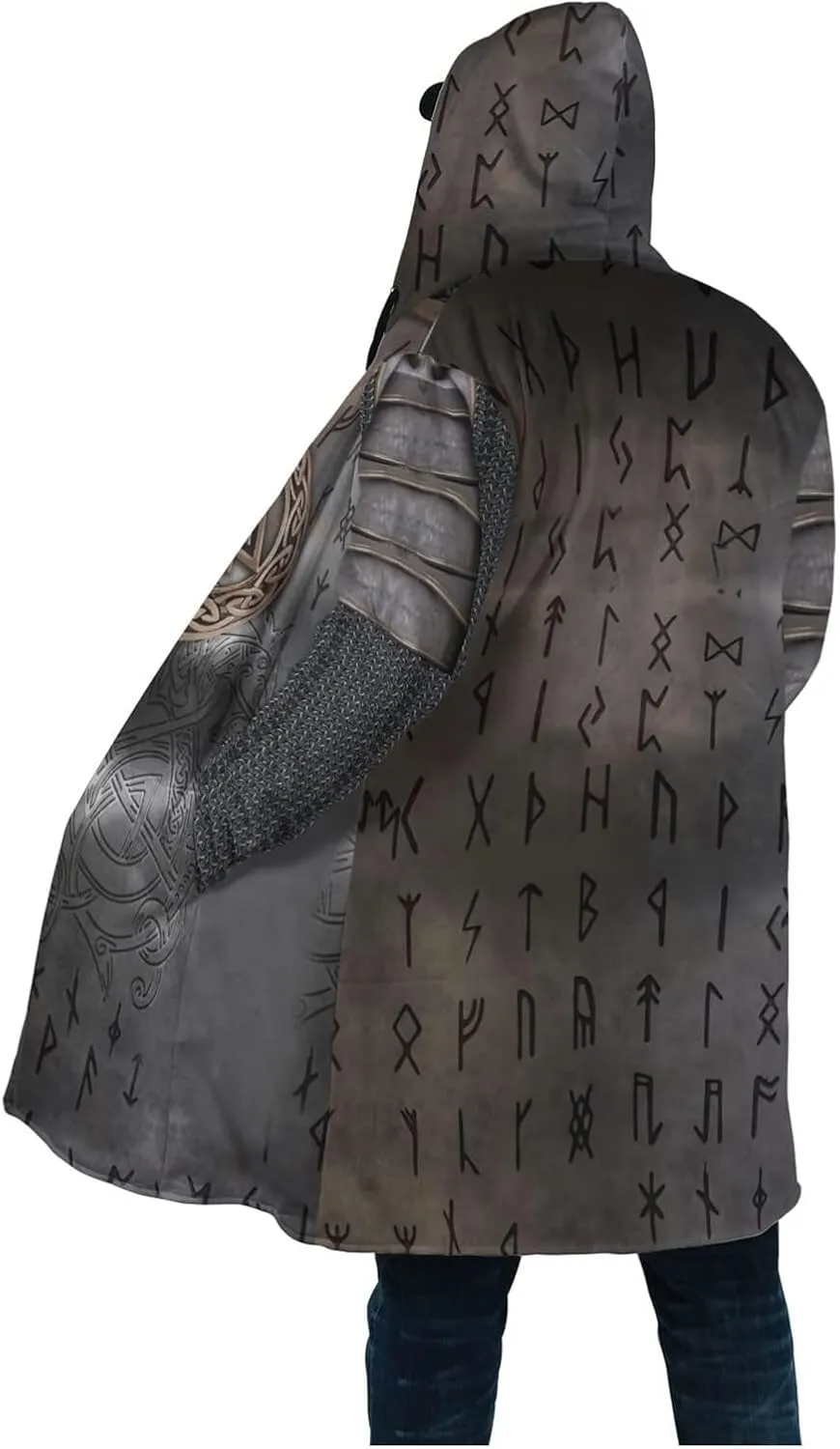 Valhalla Mens Jackets Winter,3D Print Viking Mythology Tattoo, Thickened Warm Faux Cashmere Coat, Parka Hooded Cloak