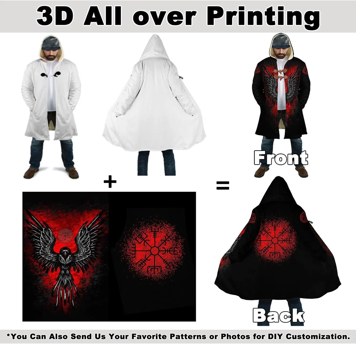Valhalla Mens Jackets Winter,3D Print Viking Mythology Tattoo, Thickened Warm Faux Cashmere Coat, Parka Hooded Cloak
