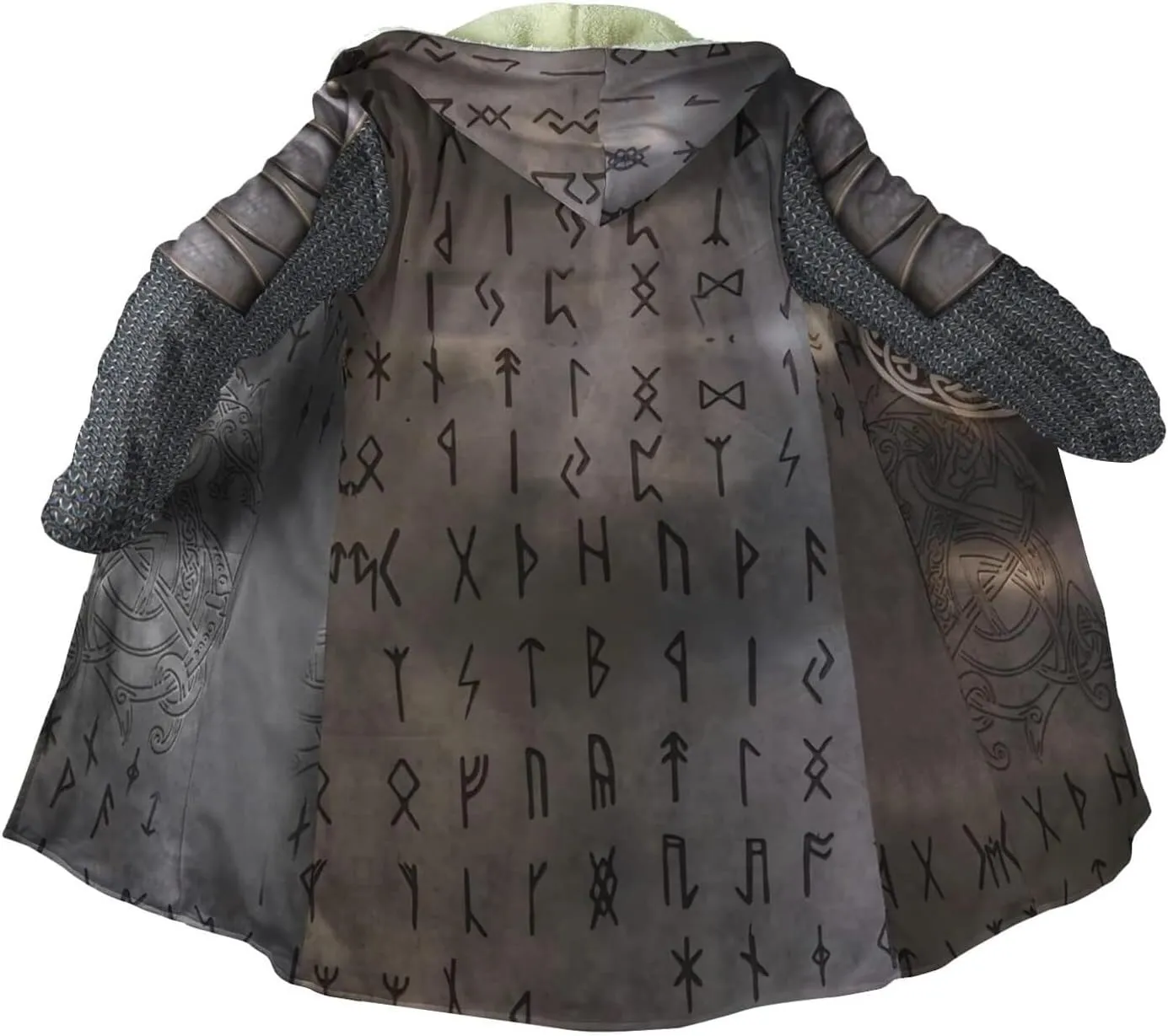 Valhalla Mens Jackets Winter,3D Print Viking Mythology Tattoo, Thickened Warm Faux Cashmere Coat, Parka Hooded Cloak