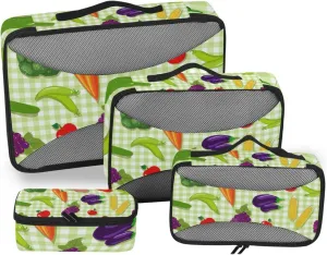 Vegetable Seamless Texture on Green Plaid Checker 4 PCs Set Packing Bags, Luggage Organizer Bag, Portable Cube Toiletry bag, Durable Travel Cosmetic Storage Bag for Men Women