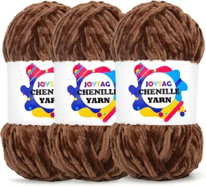 Velvet Chenille Yarn for Crocheting White Coffee Fluffy Plush Thick Bulky Chunky Chenille Soft Baby Blanket Yarn for Crocheting Hand Knitting 3 * 100g-Coffee