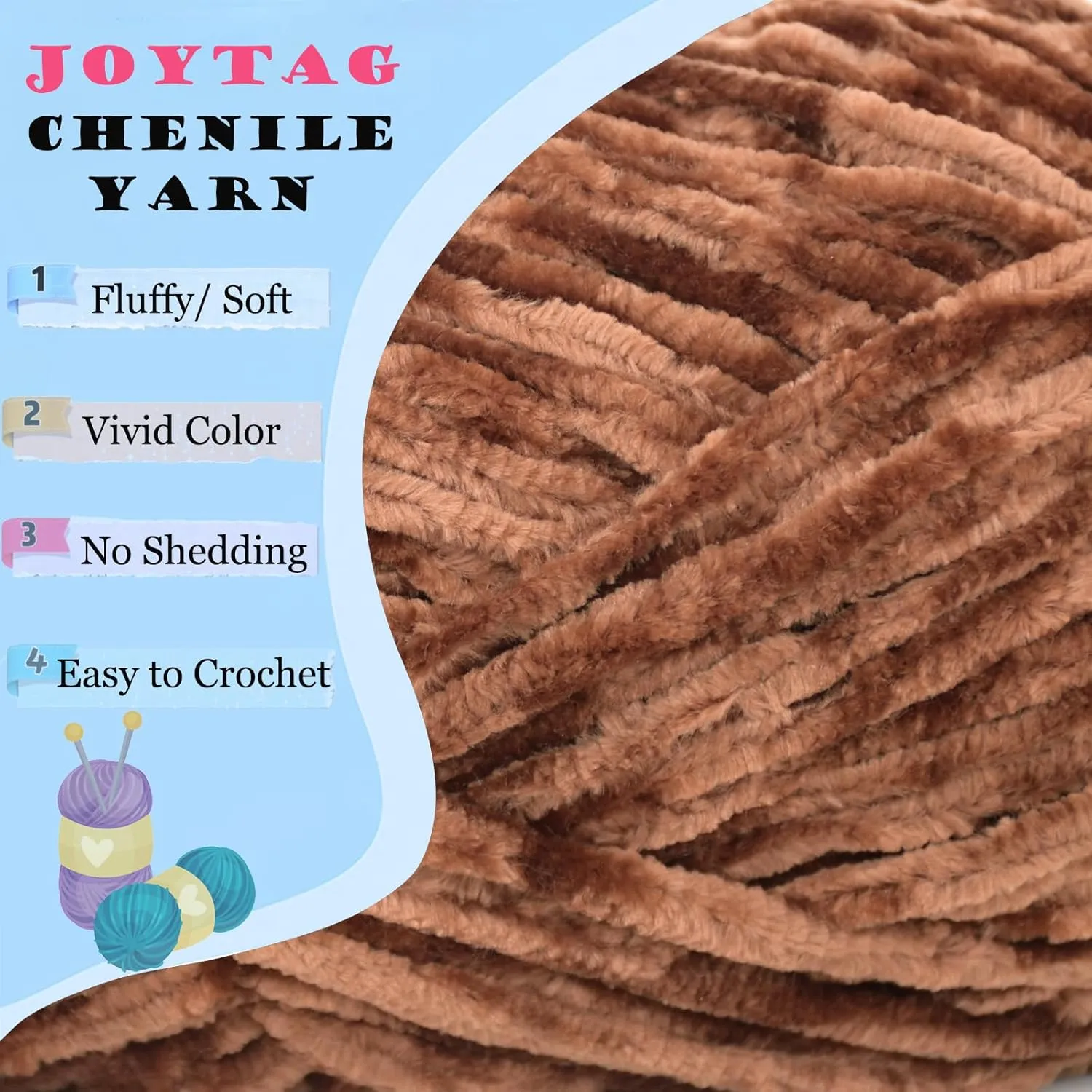 Velvet Chenille Yarn for Crocheting White Coffee Fluffy Plush Thick Bulky Chunky Chenille Soft Baby Blanket Yarn for Crocheting Hand Knitting 3 * 100g-Coffee