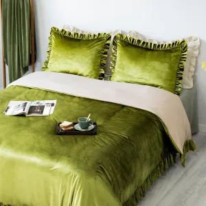 Velvet Duvet Cover Set Retro Ruffle Flounces Trim Luxurious Solid Olive Green Farmhouse Vintage Comforter Cover Bedding Sets, Matching Shams for Home Bedroom Decor Olive Green,King 104"x90"