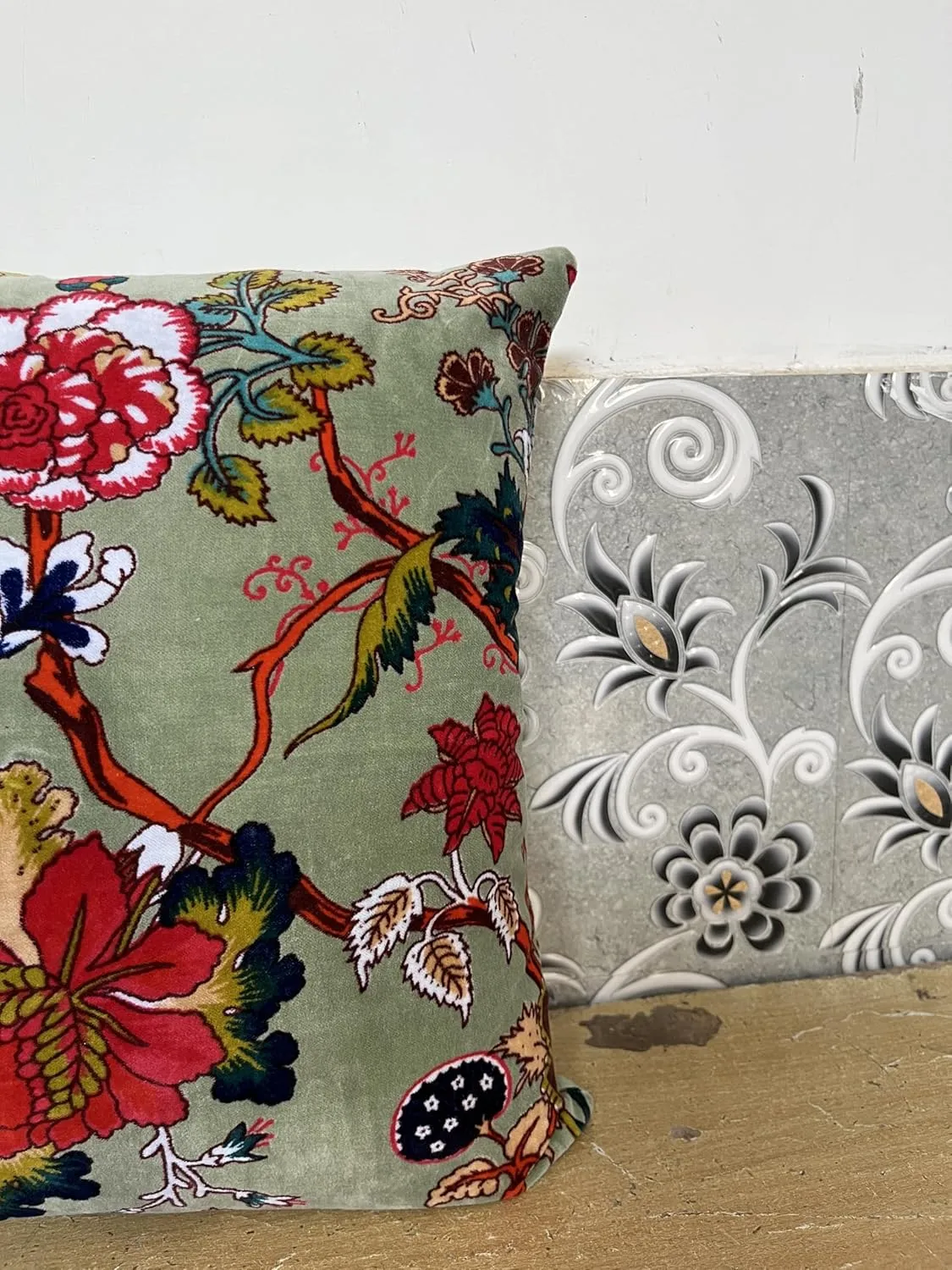 Velvet Floral Flower Throw Pillow Cover, Couch Bohemian Accent, 18 x 18 inches, Colorful Boho Chic (SEA Green, 24" x 24")