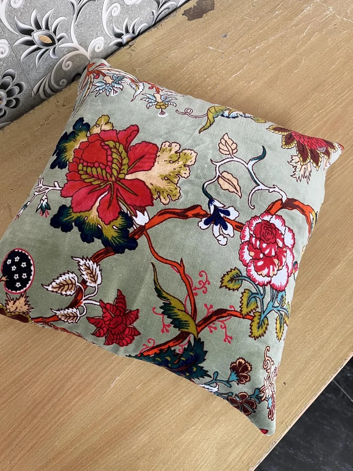 Velvet Floral Flower Throw Pillow Cover, Couch Bohemian Accent, 18 x 18 inches, Colorful Boho Chic (SEA Green, 24" x 24")