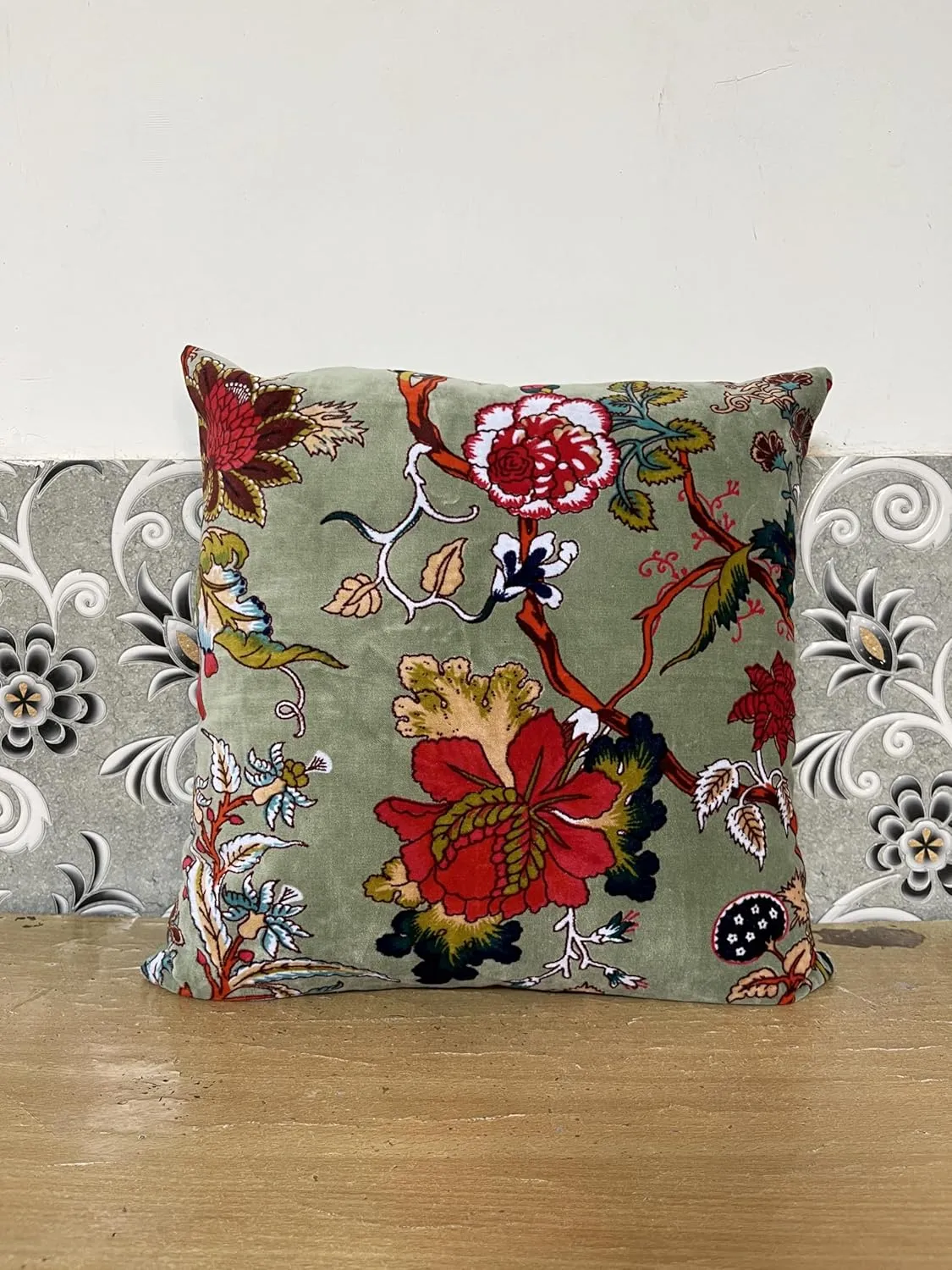 Velvet Floral Flower Throw Pillow Cover, Couch Bohemian Accent, 18 x 18 inches, Colorful Boho Chic (SEA Green, 24" x 24")