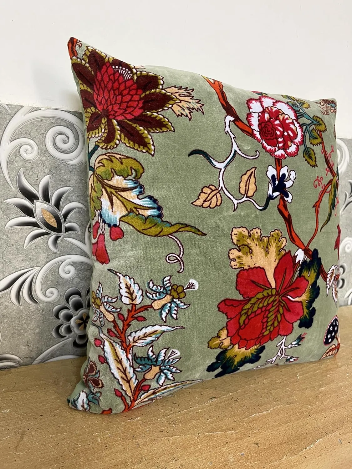 Velvet Floral Flower Throw Pillow Cover, Couch Bohemian Accent, 18 x 18 inches, Colorful Boho Chic (SEA Green, 24" x 24")