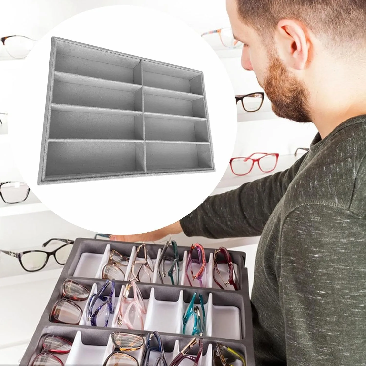 Velvet Glasses Display Tray, Sunglasses Organizer Watch Holder, Sunglasses Jewelry Organizer Eyewear Storage Box for Bedroom, gray