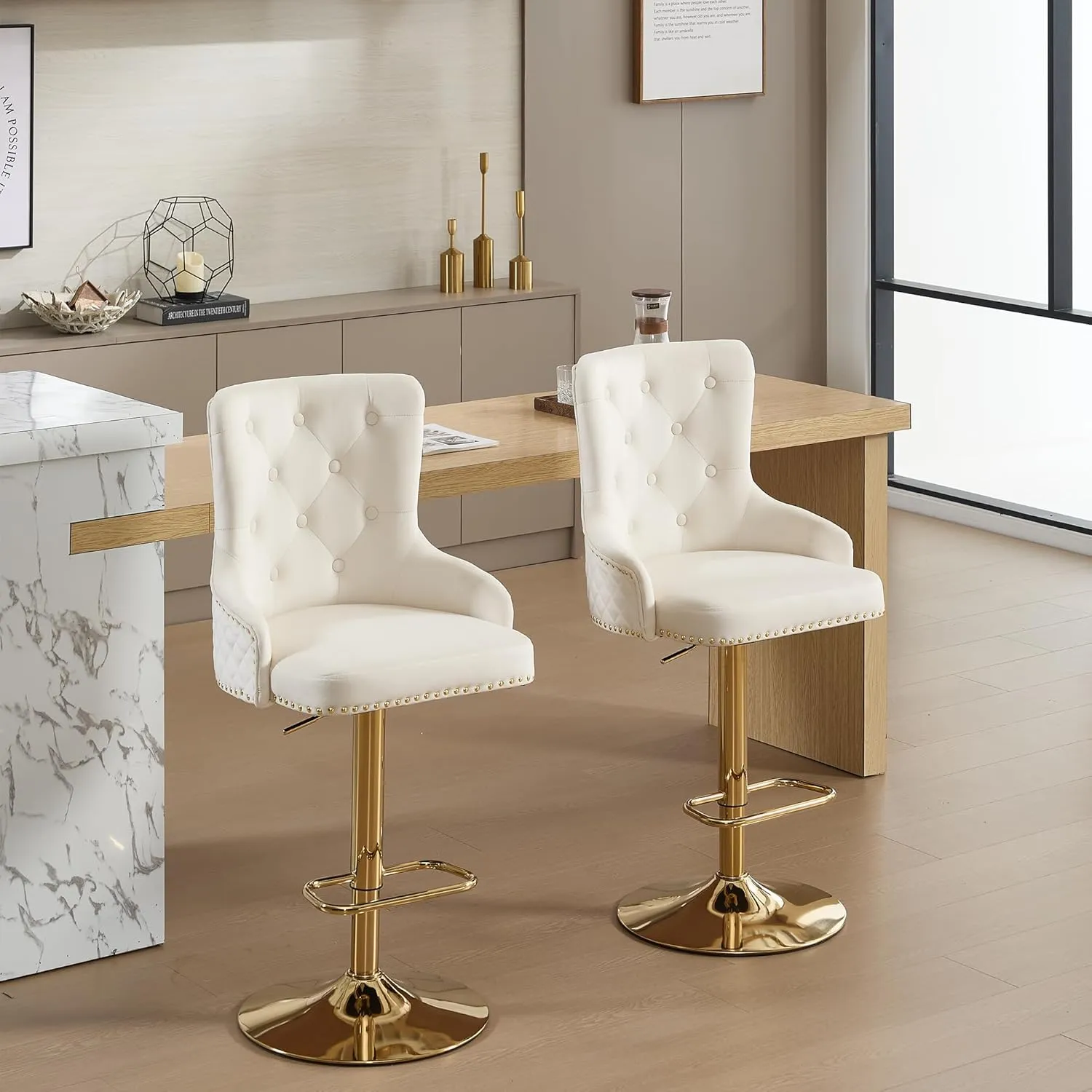 Velvet Gold Barstools Set of 2, Modern Counter Height Adjustable Swivel Stools Chairs with High Tufted Backrest Golden Base Lion Head Pull Ring Diamond Pattern Rivet Trim for Kitchen, Cream