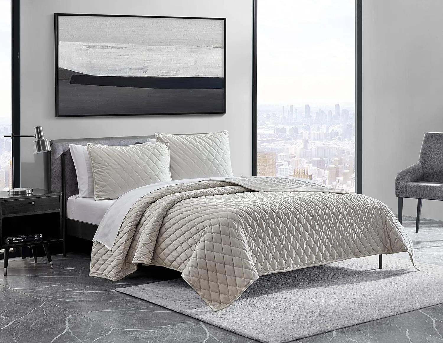 Vera Wang - King Quilt Set, Luxurious Velvet Bedding Set with Matching Shams, Modern Room Essentials (Diamond Velvet Natural Ivory, King)