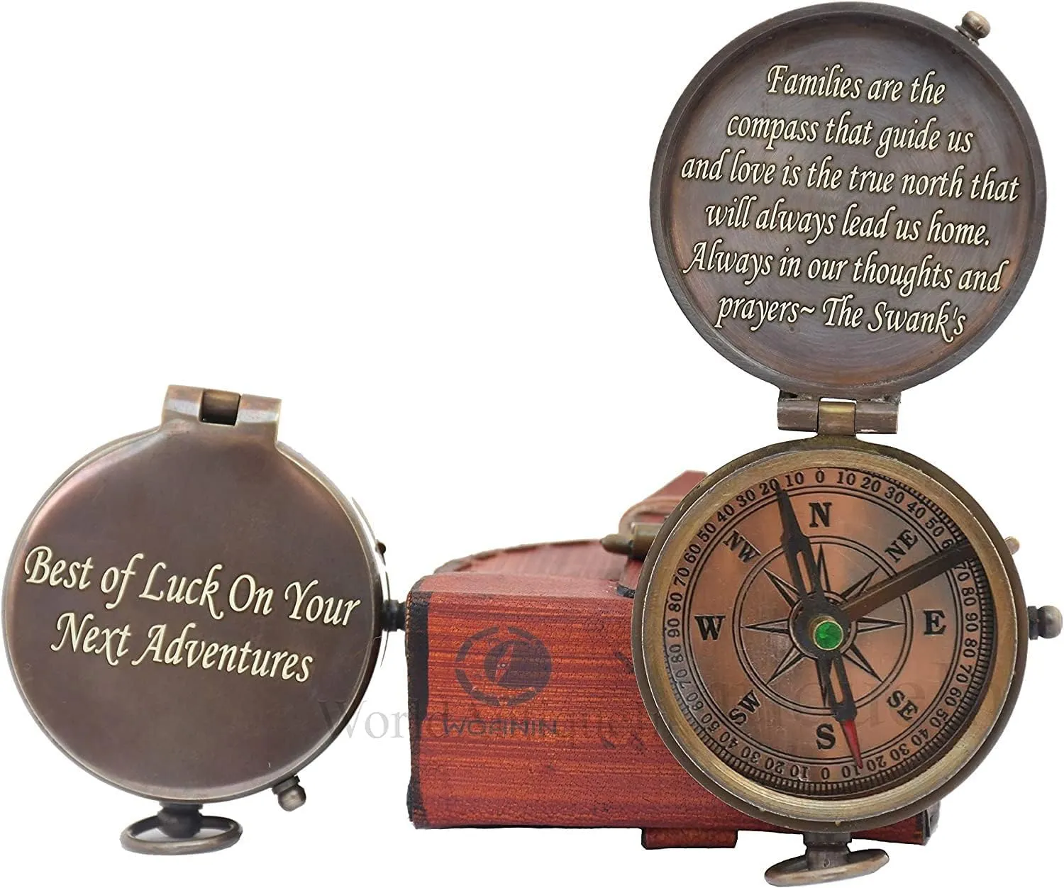 Vintage Brass Handmade Engraved Compass with Leather Case- Sundial Navigation Pocket Compass for Girls, Magnetic Antiquated Finish Compass for Mother