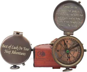 Vintage Brass Handmade Engraved Compass with Leather Case- Sundial Navigation Pocket Compass for Girls, Magnetic Antiquated Finish Compass for Mother
