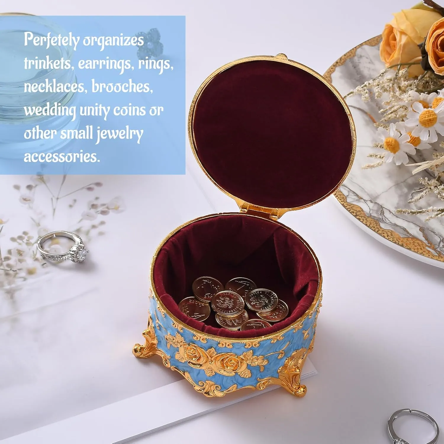Vintage Jewelry Box, Gold Round Treasure Ring Box, Metal Trinket Organizer Keepsake Box Gift for Girl Women, Light Blue