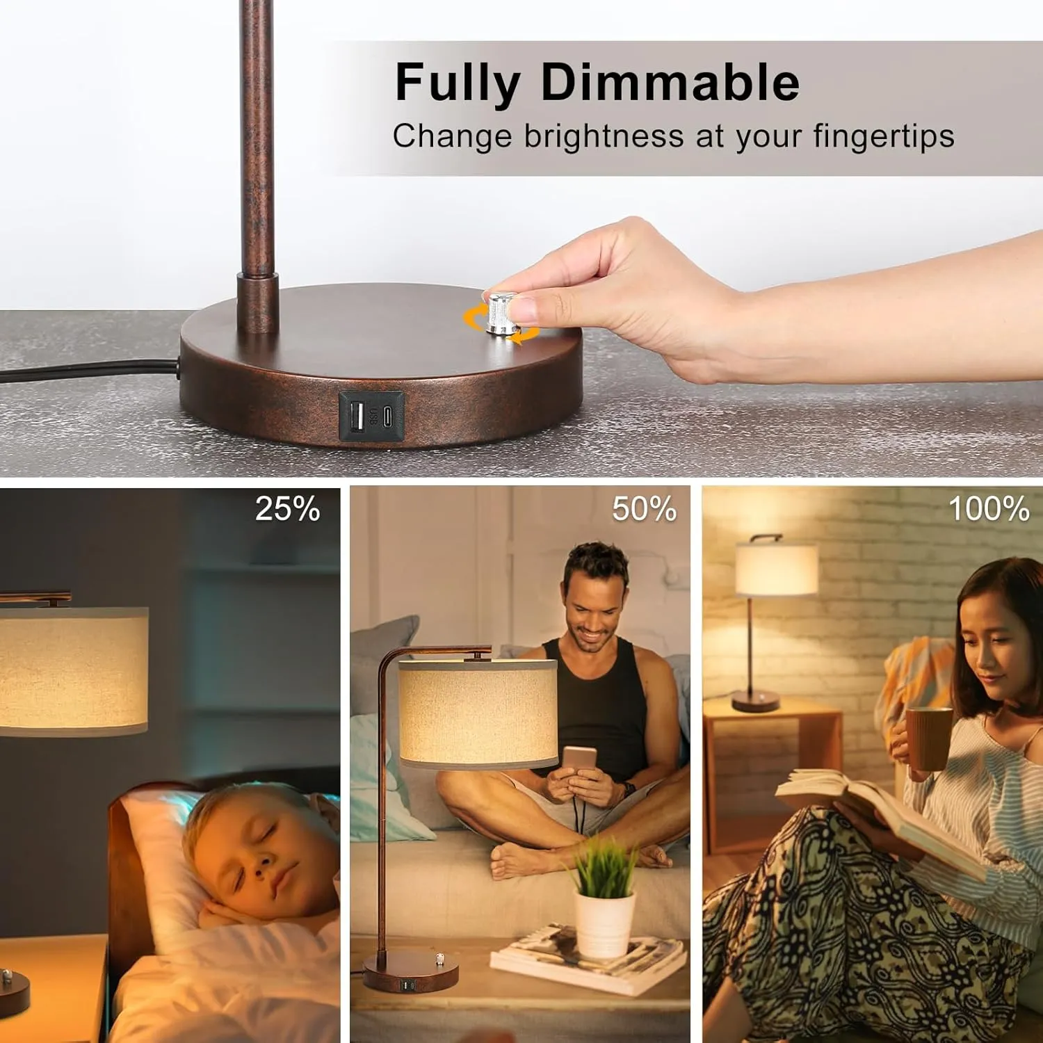 Vintage Table Lamp, Fully Dimmable Table Lamp with C A USB Charging Ports, Farmhouse Bedside Lamp Nightstand Light, Tall Reading Desk Lamp for Living Room, Bedroom, Office, 9W LED Bulb Included