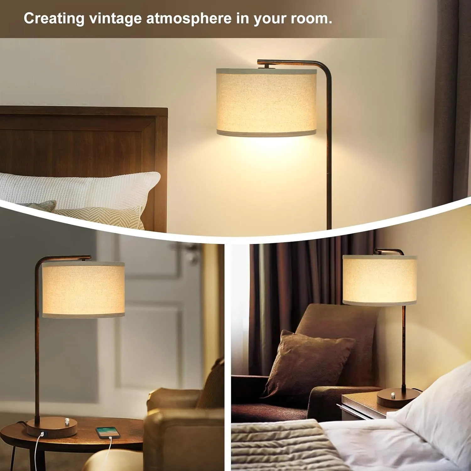 Vintage Table Lamp, Fully Dimmable Table Lamp with C A USB Charging Ports, Farmhouse Bedside Lamp Nightstand Light, Tall Reading Desk Lamp for Living Room, Bedroom, Office, 9W LED Bulb Included