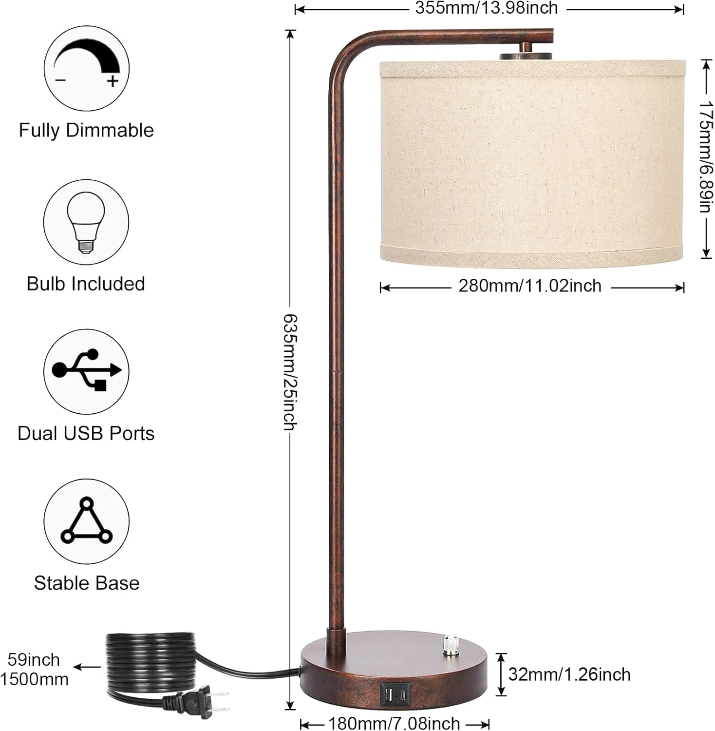 Vintage Table Lamp, Fully Dimmable Table Lamp with C A USB Charging Ports, Farmhouse Bedside Lamp Nightstand Light, Tall Reading Desk Lamp for Living Room, Bedroom, Office, 9W LED Bulb Included