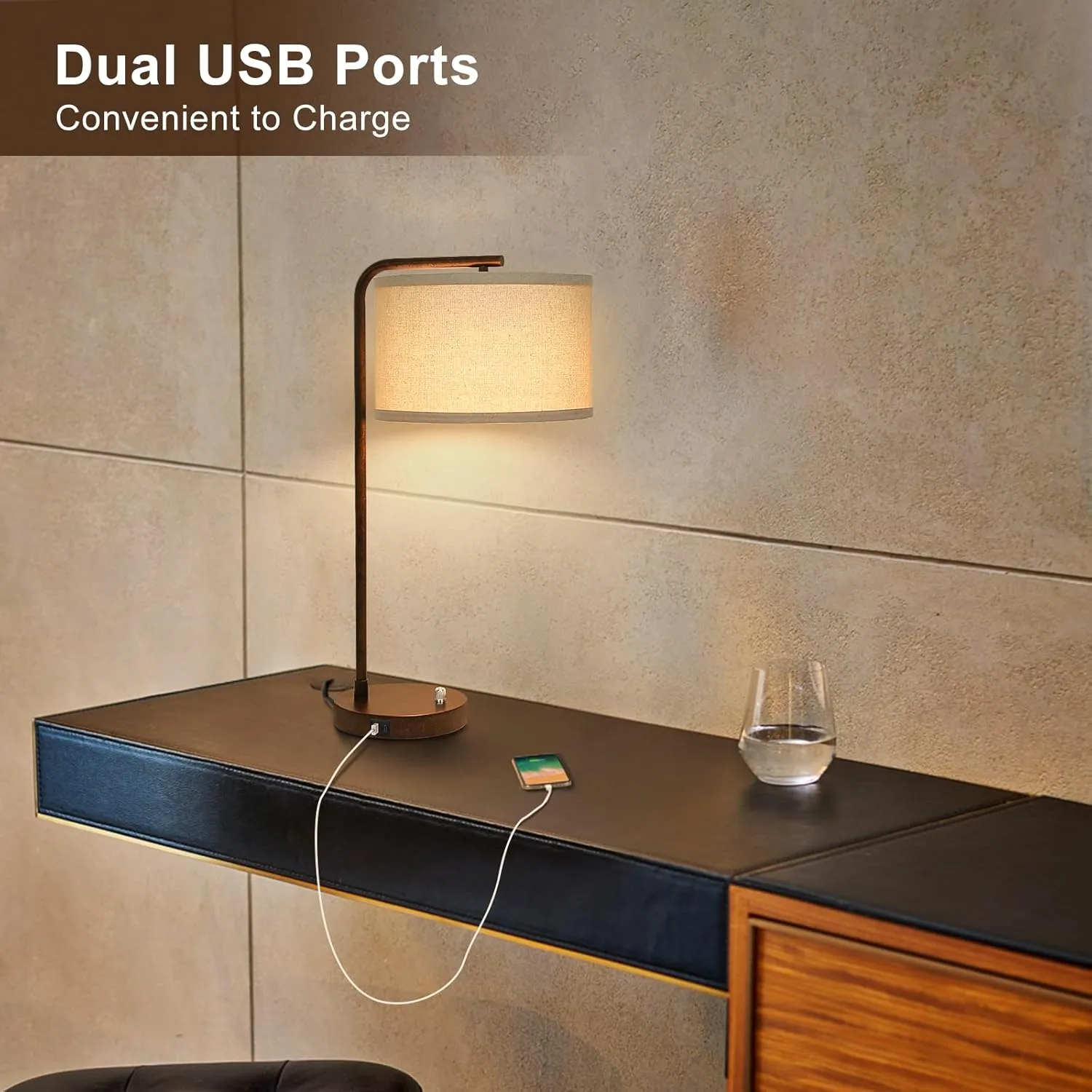 Vintage Table Lamp, Fully Dimmable Table Lamp with C A USB Charging Ports, Farmhouse Bedside Lamp Nightstand Light, Tall Reading Desk Lamp for Living Room, Bedroom, Office, 9W LED Bulb Included