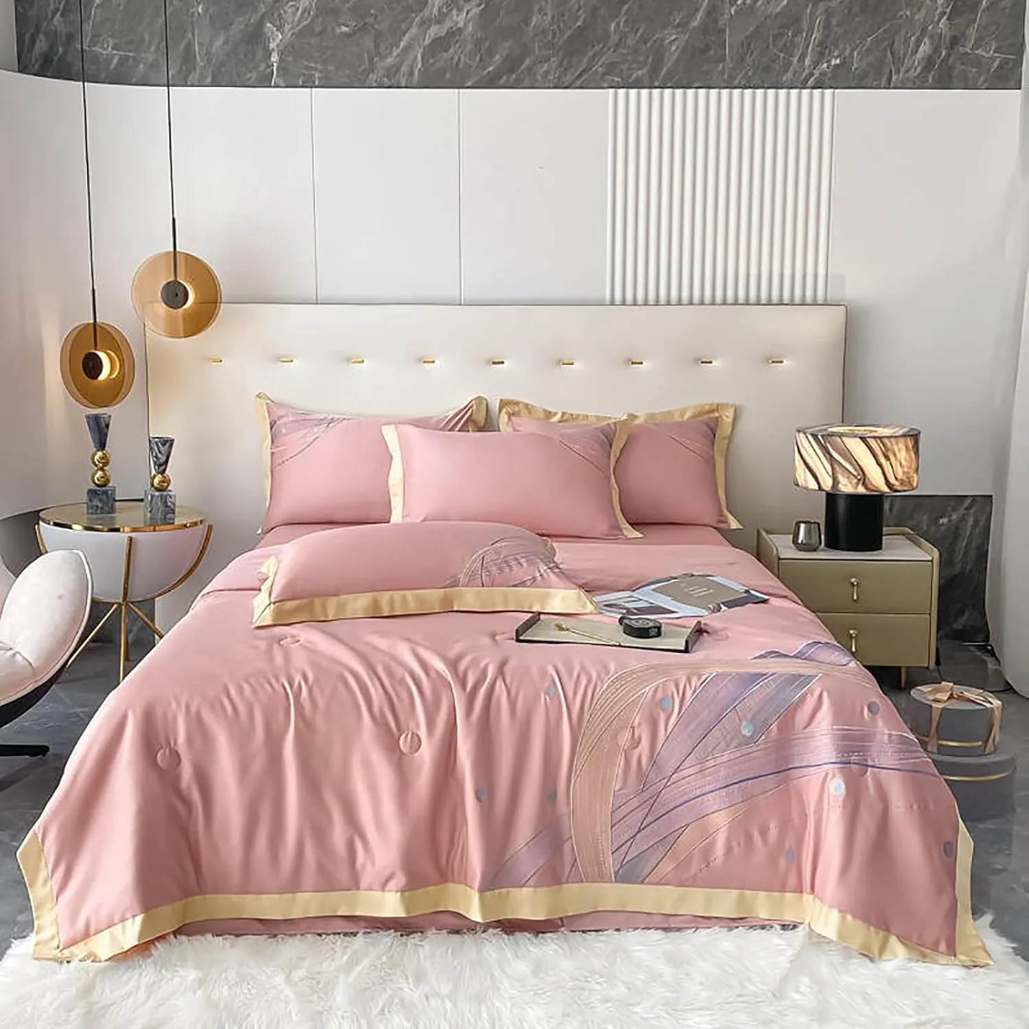 Washable Cool Quilt,Comfortable Four-Season Fabric Whole Silk Down Filling Reactive Printing and Dyeing Exquisite Embroidery fine Workmanship (C King) (B Twin)