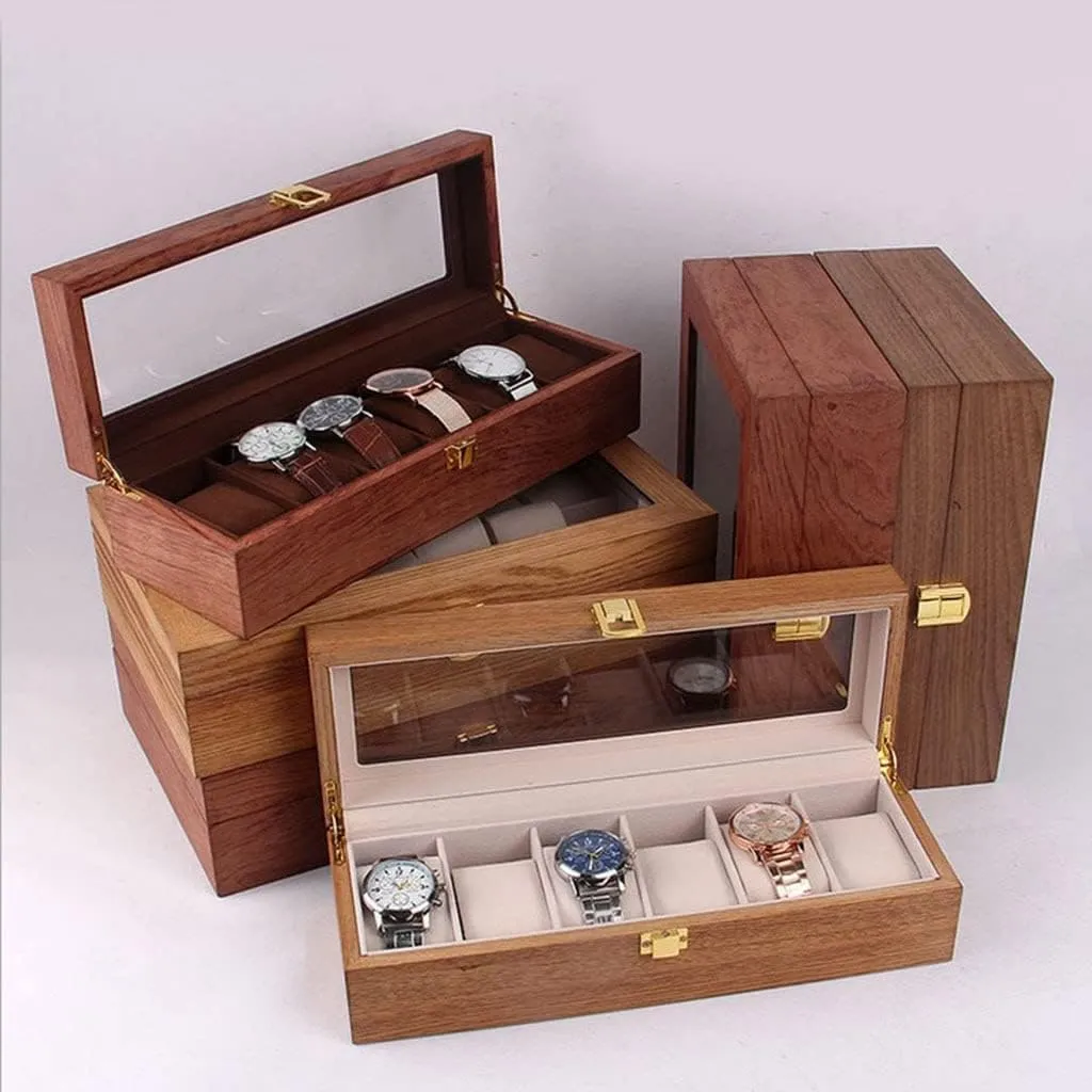 Watch Box Watch Case Watch Display Wooden Watch Box Case Organizer Watch Holder For Watches Men Jewelry Organizer Box 6 Slots Wood Box With Clear Glass Watch Organizer For Men(C)