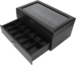 Watch Display Storage Case, 24 Slot Carbon Fiber Watch Display Storage Box 2 Tier Jewelry Display Drawer Case with Transparent Lid for Women for Men for Storing/2378, 21213