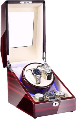 Watch Winder Box for 2 Automatic Watch   3 Storage Space Piano Paint Finish with Blue LED Light Quiet Motor Watch Winder for Automatic Watches