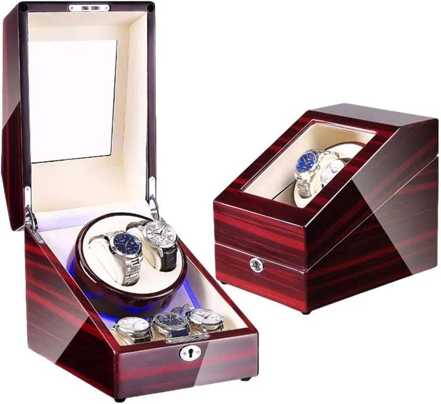 Watch Winder Box for 2 Automatic Watch   3 Storage Space Piano Paint Finish with Blue LED Light Quiet Motor Watch Winder for Automatic Watches