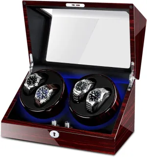 Watch Winder Watch Winder for 4 Automatic Watches Built-in LED Illumination Wood Shell Piano Paint Exterior Silent Motor Supply Watch Winder (Red Black A)