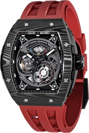 Watchs for Men Automatic - Luxury Tonneau Watch - Energy Storage Indicator - Sapphire Glass - 50m Waterproof - Fluororubber Strap - Gifts for Men