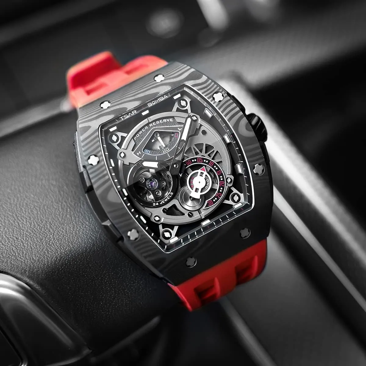 Watchs for Men Automatic - Luxury Tonneau Watch - Energy Storage Indicator - Sapphire Glass - 50m Waterproof - Fluororubber Strap - Gifts for Men