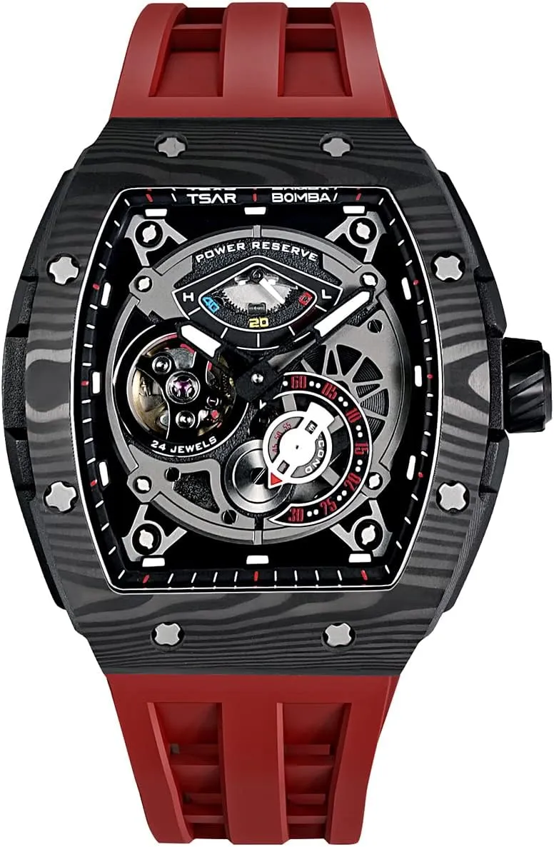 Watchs for Men Automatic - Luxury Tonneau Watch - Energy Storage Indicator - Sapphire Glass - 50m Waterproof - Fluororubber Strap - Gifts for Men