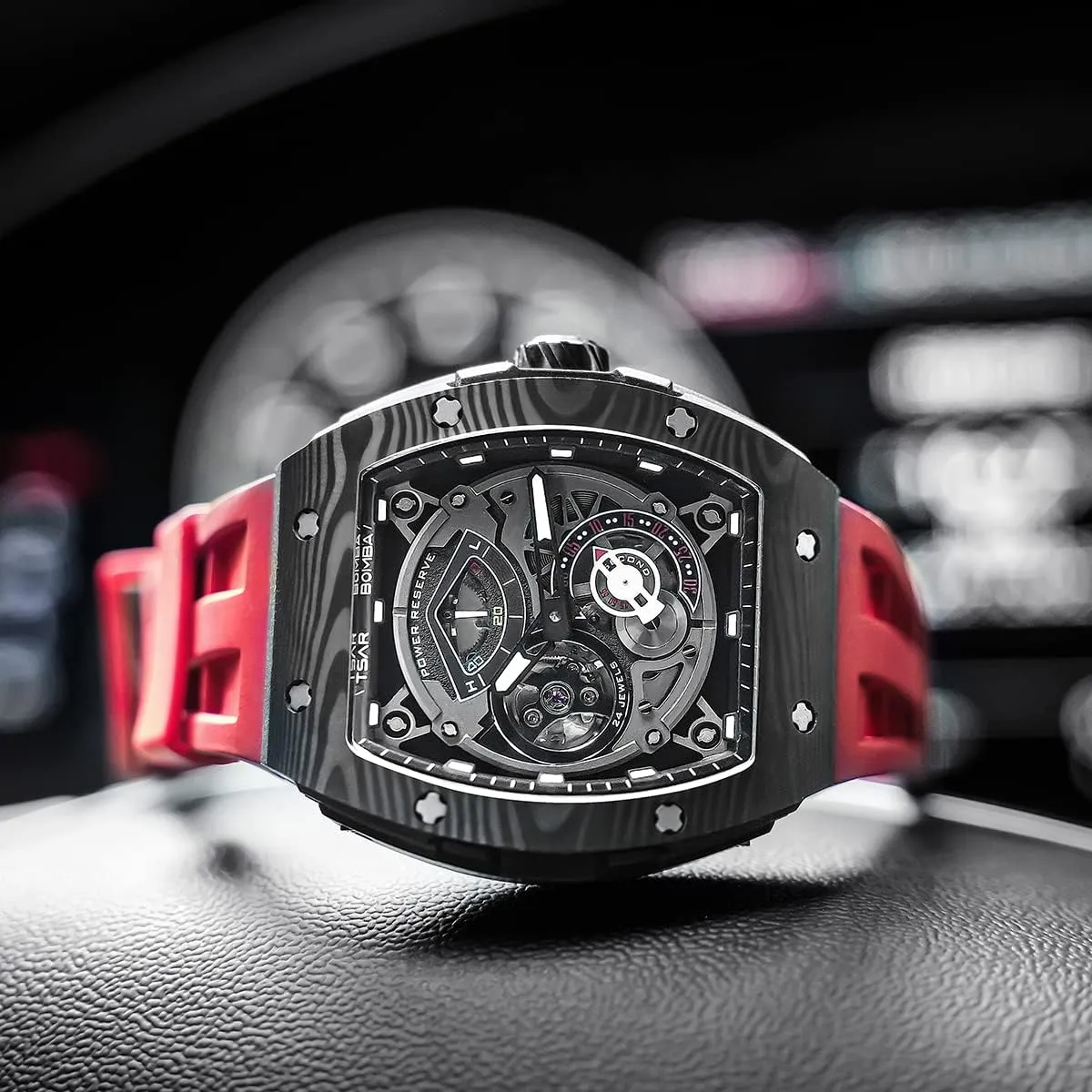 Watchs for Men Automatic - Luxury Tonneau Watch - Energy Storage Indicator - Sapphire Glass - 50m Waterproof - Fluororubber Strap - Gifts for Men