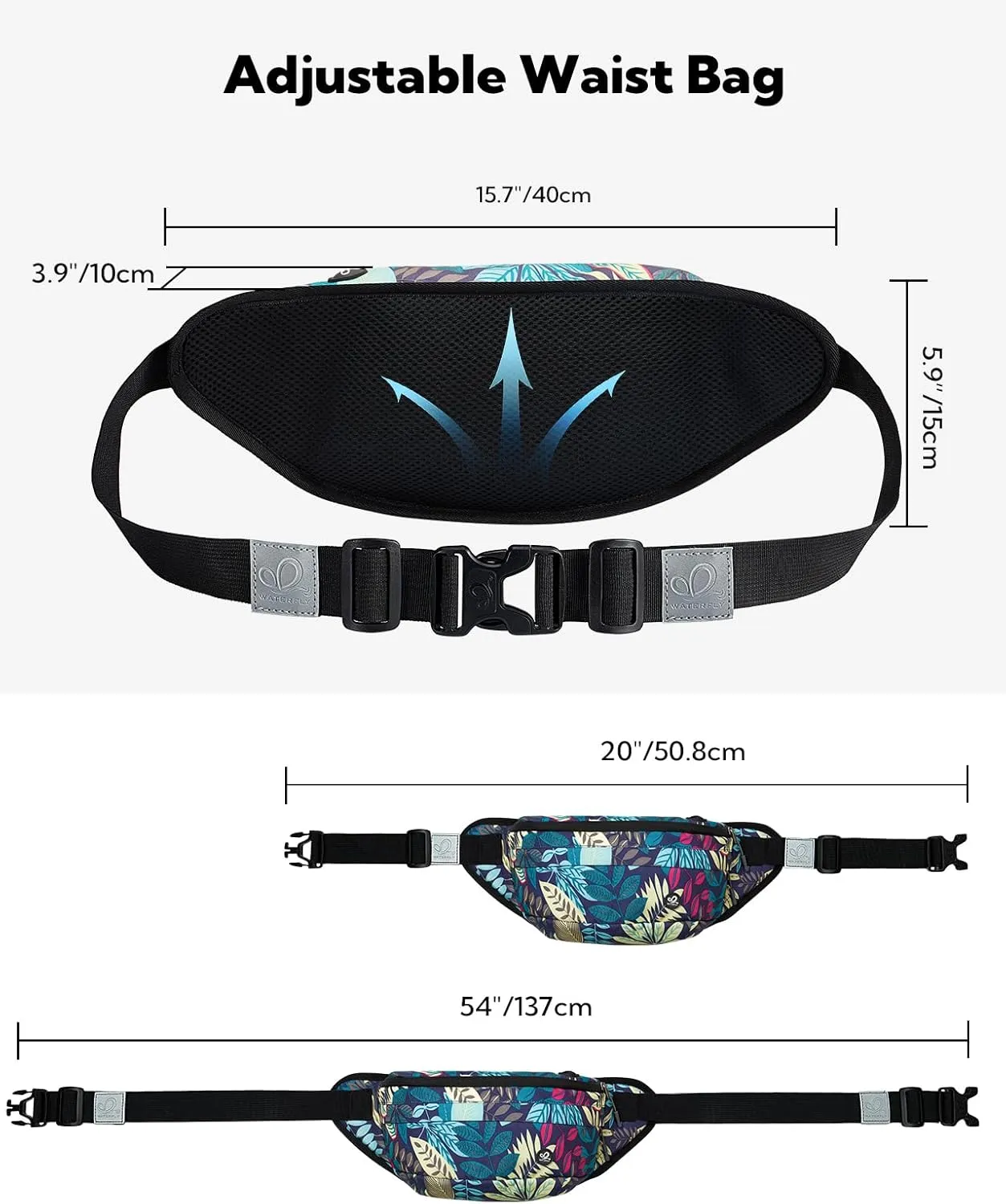 WATERFLY Fanny Pack for Men Women Water Resistant Large Hiking Waist Bag Pack Carrying All Phones for Running Walking Traveling