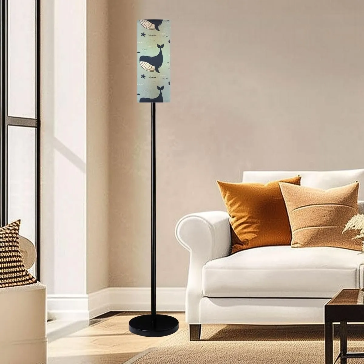 Whales Dolphins sea Stars Seamless Pattern Modern Floor Lamp Minimalist Standing Lamps for Living Room LED Corner Lamp Remote Control Metal Pole Lamp for Bedroom, Reading