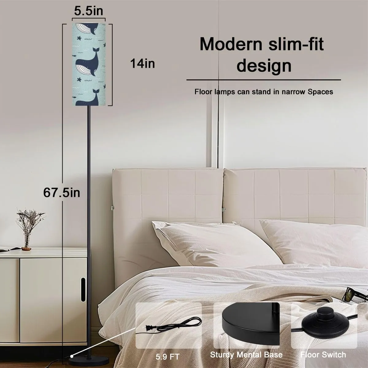 Whales Dolphins sea Stars Seamless Pattern Modern Floor Lamp Minimalist Standing Lamps for Living Room LED Corner Lamp Remote Control Metal Pole Lamp for Bedroom, Reading