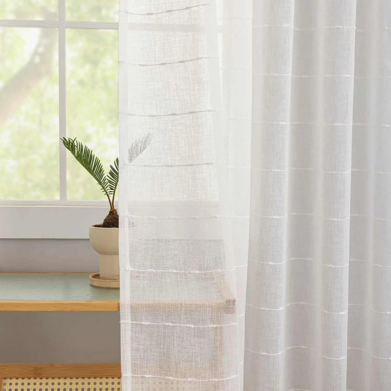 White Curtains 96" Long for Sliding Glass Patio Door - Set of 2 Embroidered with White Trim Faux Linen Pom Pom Curtains - Minimalist Boho Farmhouse Rustic Sheer 8ft x 52"W