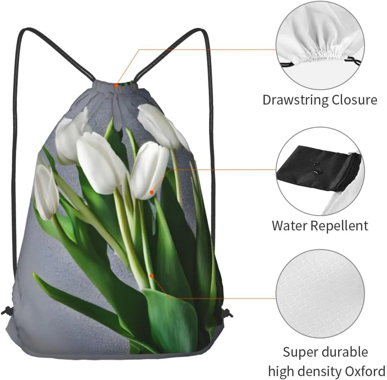 White Tulips Flowers Drawstring Cinch Backpack Polyester Sack Pack String Bag For Hiking Camping Adventure