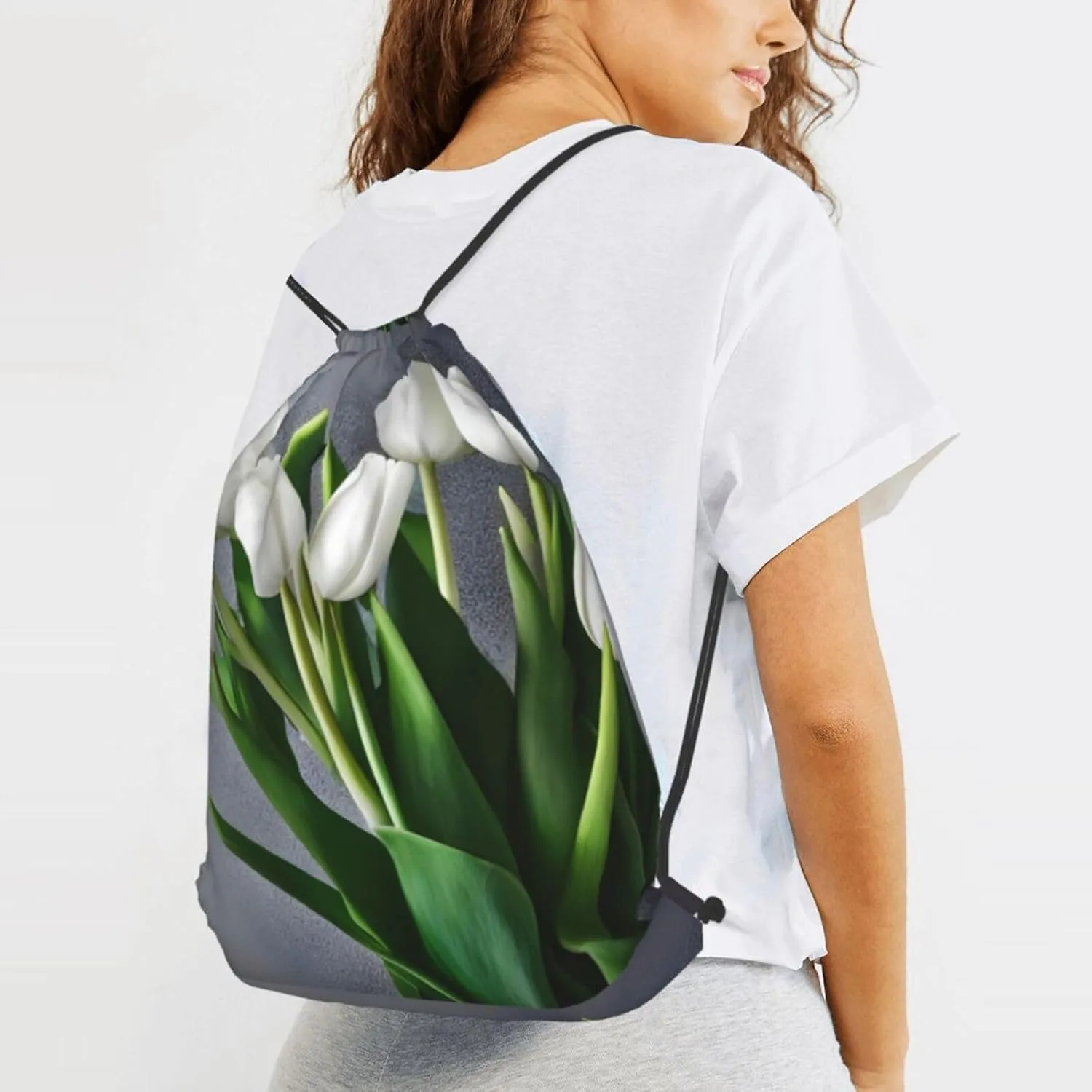 White Tulips Flowers Drawstring Cinch Backpack Polyester Sack Pack String Bag For Hiking Camping Adventure