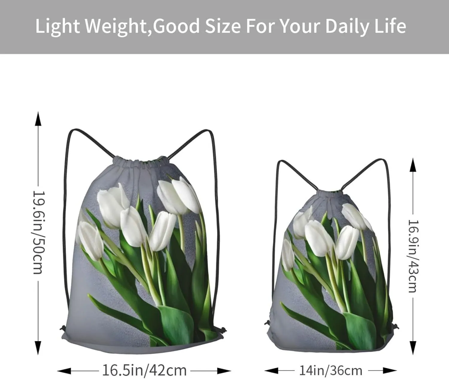 White Tulips Flowers Drawstring Cinch Backpack Polyester Sack Pack String Bag For Hiking Camping Adventure