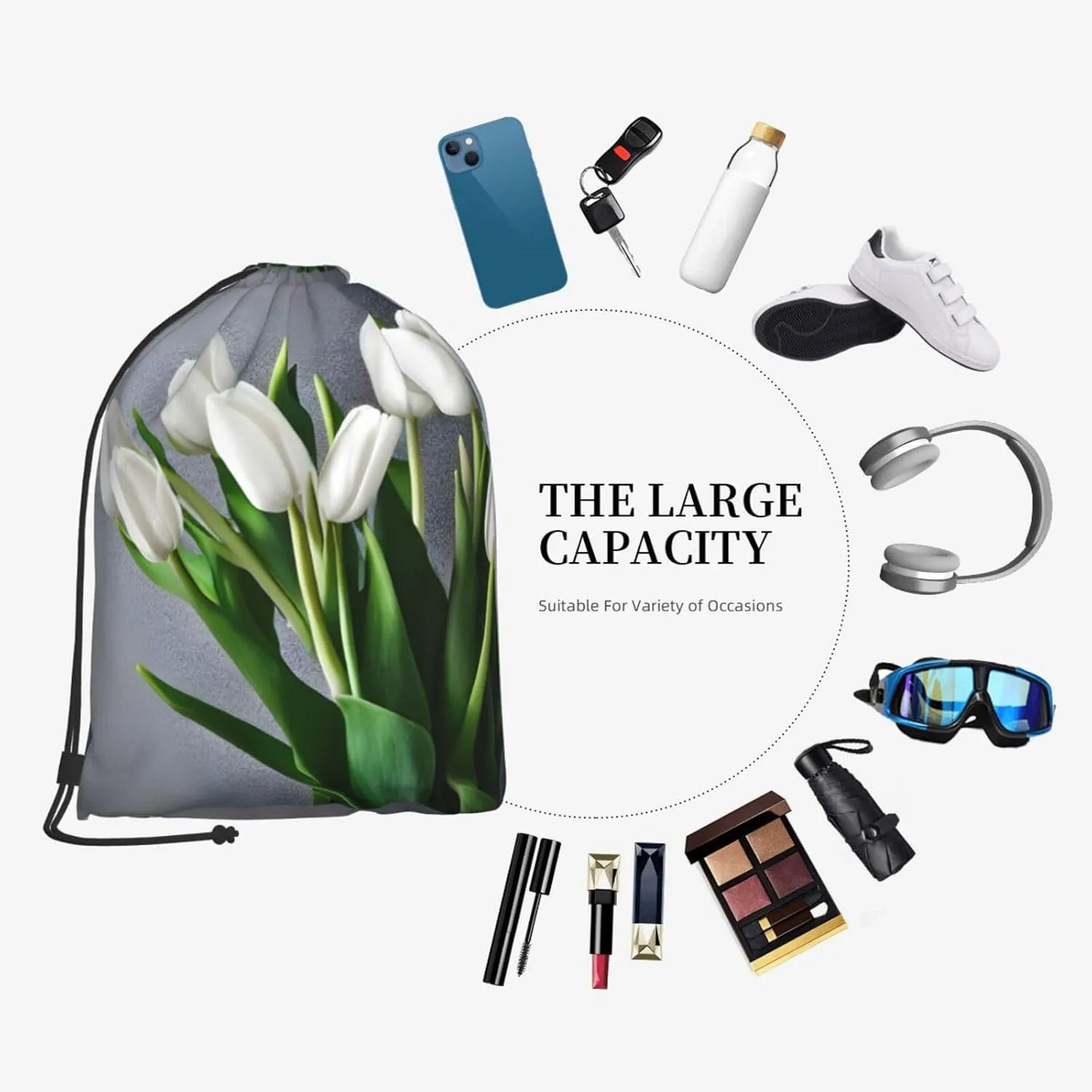 White Tulips Flowers Drawstring Cinch Backpack Polyester Sack Pack String Bag For Hiking Camping Adventure