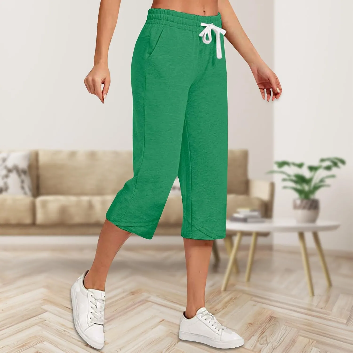 Wide Leg Capri Pants for Women Drawstring High Waisted Linen Palazzo Lounge Pants Summer Plus Size Comfy Sweatpant