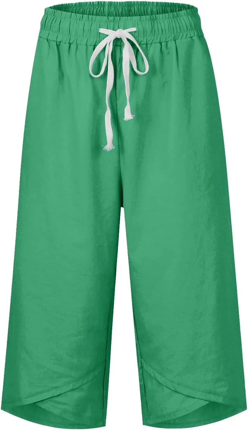 Wide Leg Capri Pants for Women Drawstring High Waisted Linen Palazzo Lounge Pants Summer Plus Size Comfy Sweatpant