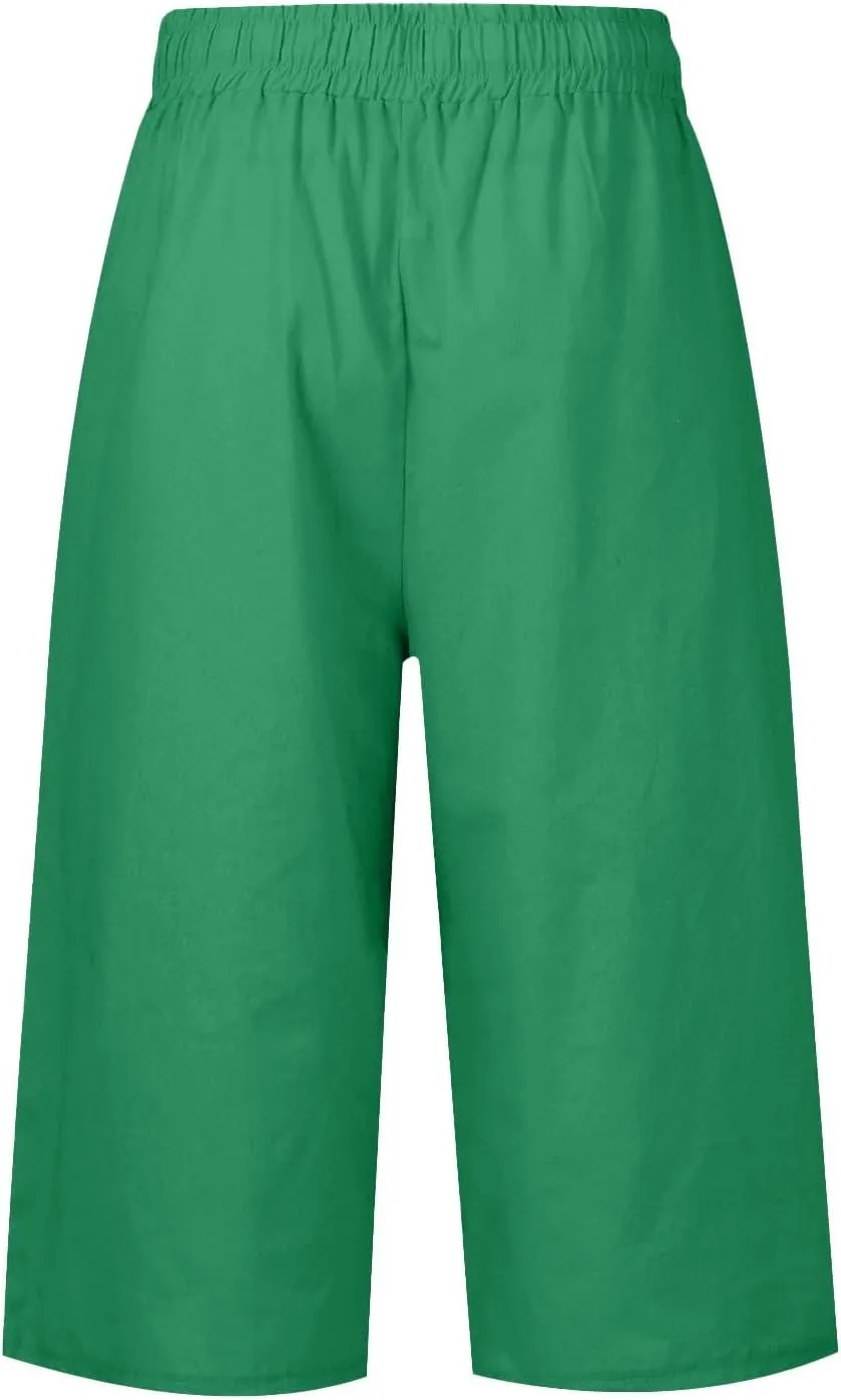 Wide Leg Capri Pants for Women Drawstring High Waisted Linen Palazzo Lounge Pants Summer Plus Size Comfy Sweatpant